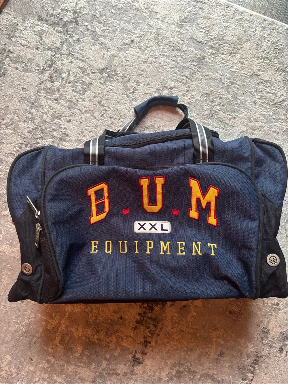 VINTAGE 90s B.U.M. Equipment Navy Duffel Bag with Red & Yellow Lettering